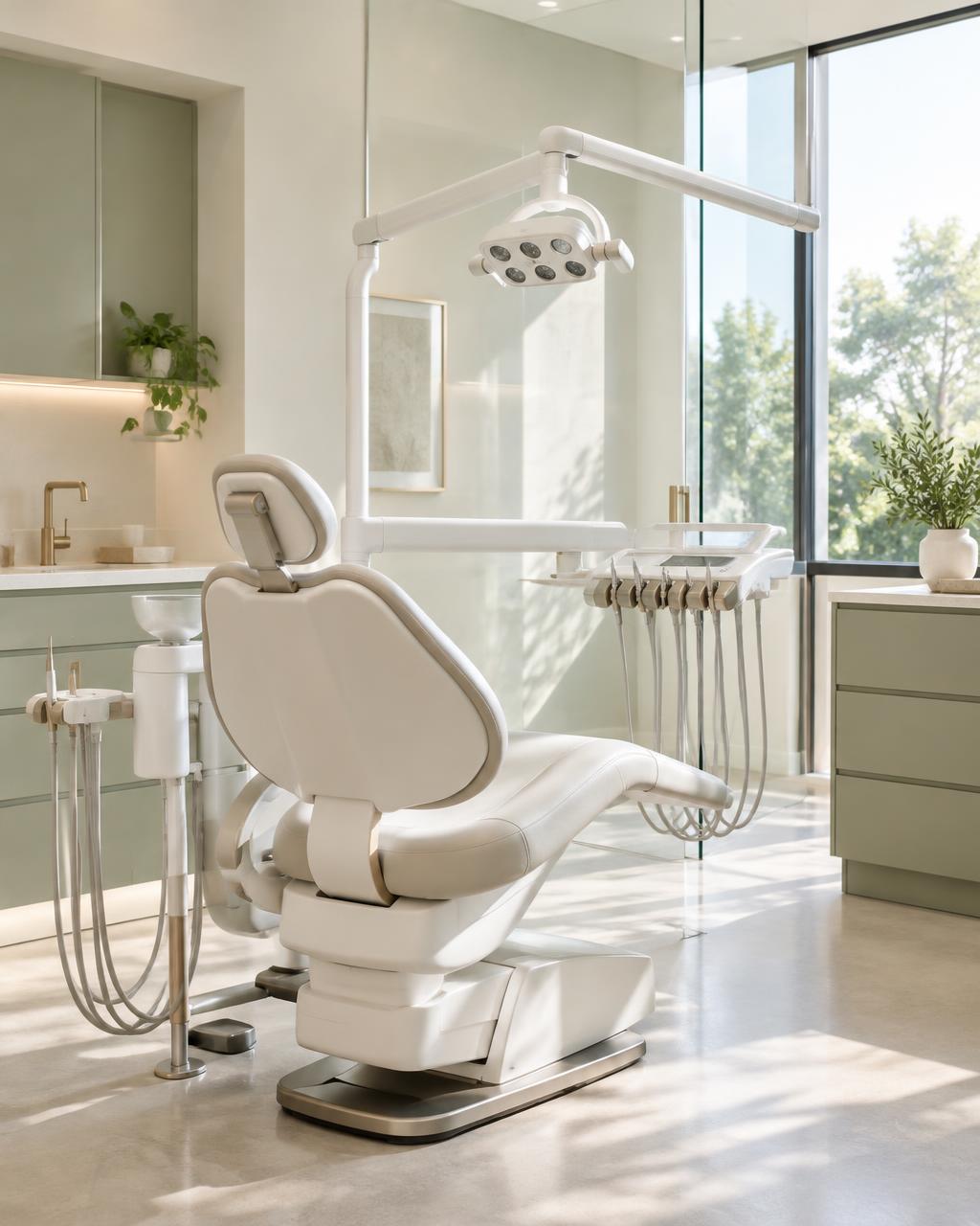 A bright, tranquil dental treatment room with contemporary equipment